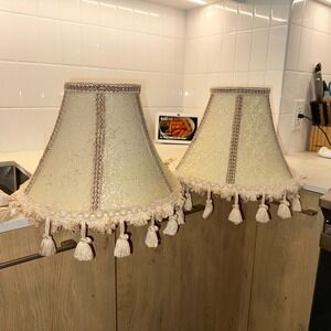 Vintage‎ Bell Lamp Shade Champagne Victorian Elegant Floral Tassel Fringe Damask